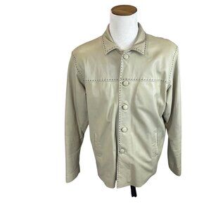 Vintage Joy Leather Beige Mens Button Front Jacket With Stitch Detail Coat Sz L